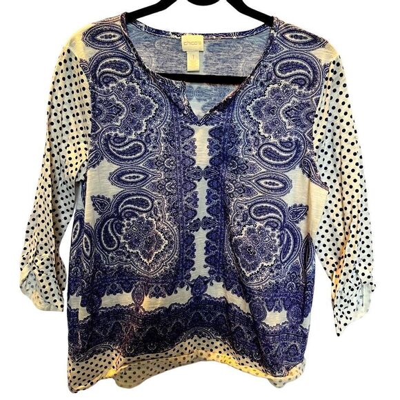 Chico's Women's 3/4 Sleeve Blouse Size M(8) Purple/white Paisley Pullover - Picture 1 of 8